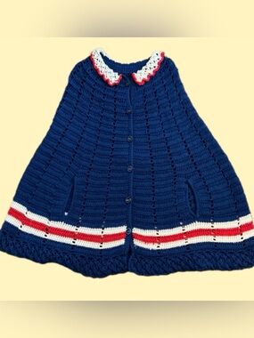Vintage 1970’s Crochet Blue, Red, White Ponch with Buttons, Peter Pan Collar, OS